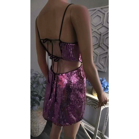 NBD Dresses & Skirts - NBD Cindy Pink Sequin Strappy Cut Out Open Back Mini Dress Size XXS